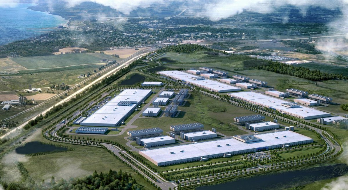 Aerial rendering of the Lighthouse data center campus near Lake Michigan