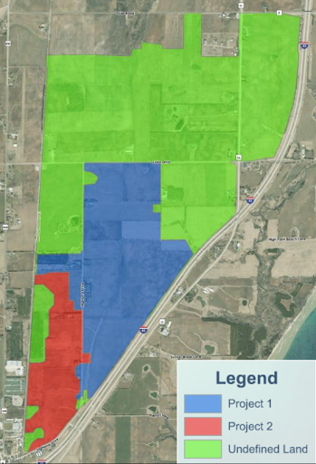 Map of the Vantage property showing Project 1, Project 2, and undefined land