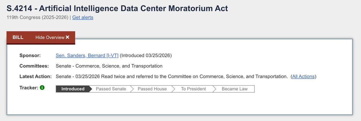 S.4214 - Artificial Intelligence Data Center Moratorium Act