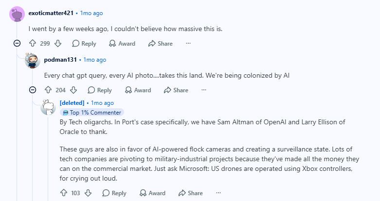 Reddit comments from r/wisconsin reacting to the Port Washington data center